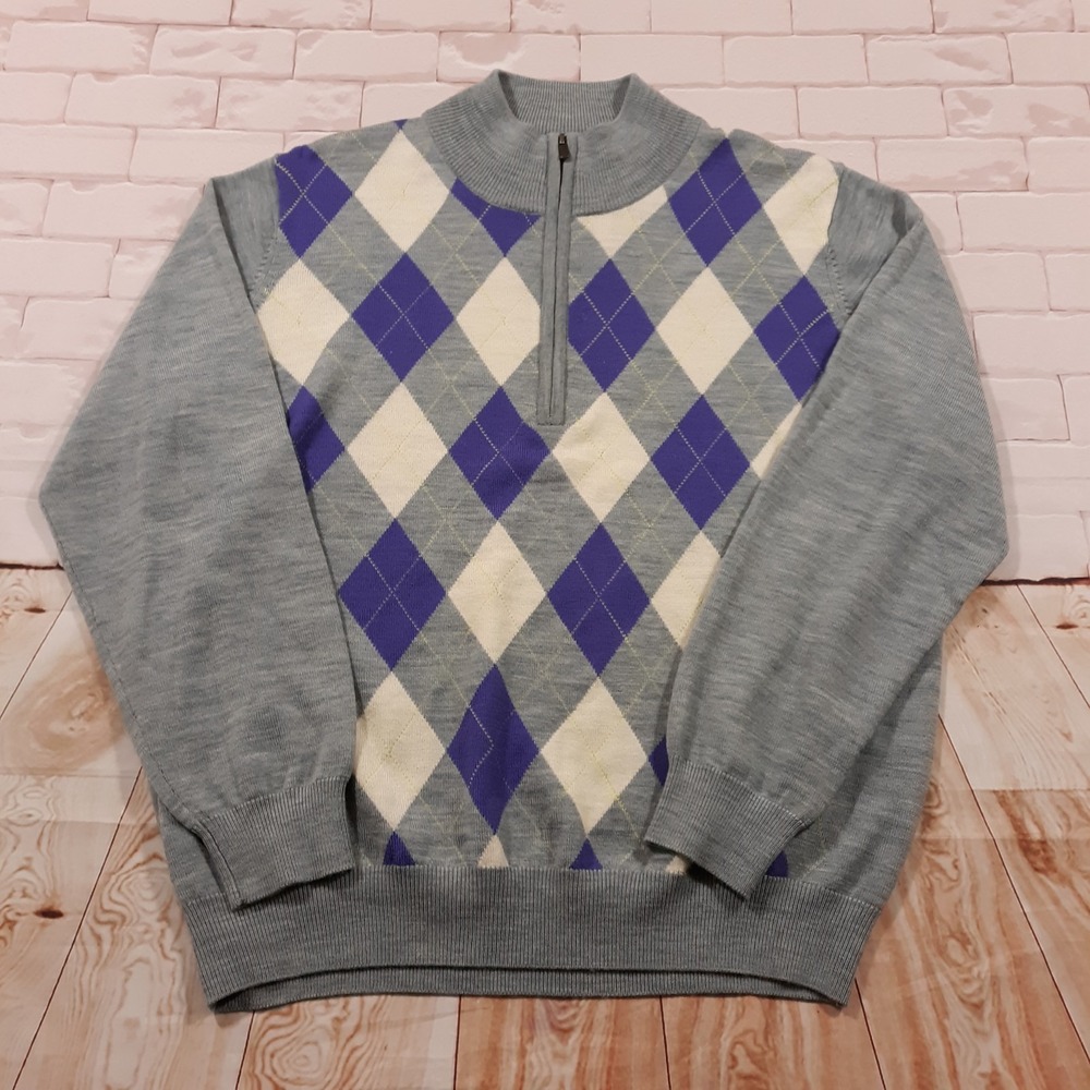 FootJoy Wool Sweater Mens Medium Pullover 1/4 Zip Argyle Gray Golf